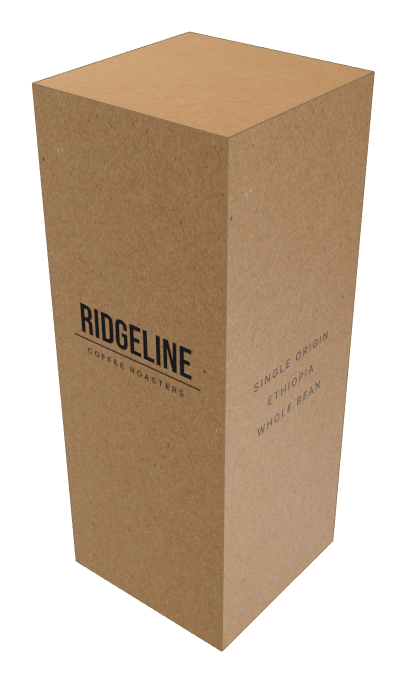 A coffee carton rendered in three dimensions, its front and side artwork wrapping the box