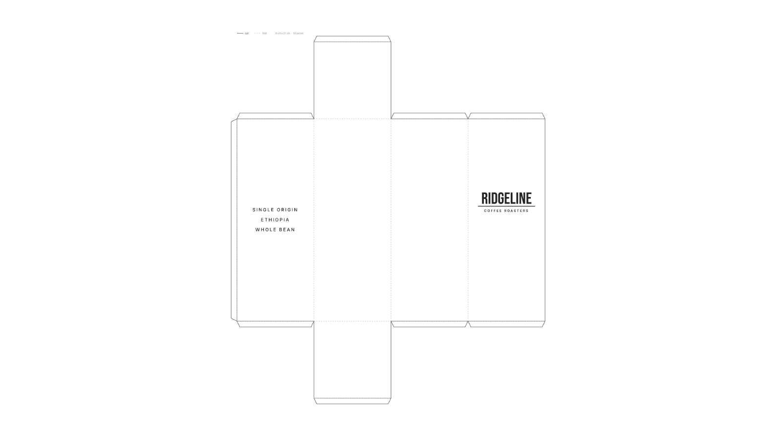 The same carton as a flat dieline: six panels with glue tabs, fold lines dashed and cut lines solid